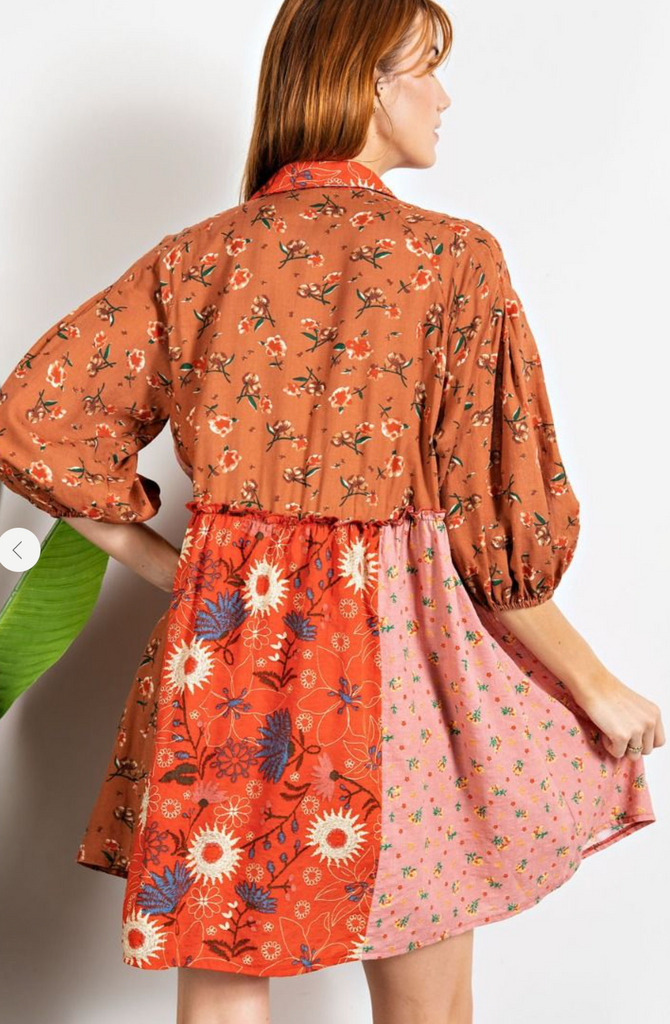 Rust Floral Print Boho Mini Shirt Dress