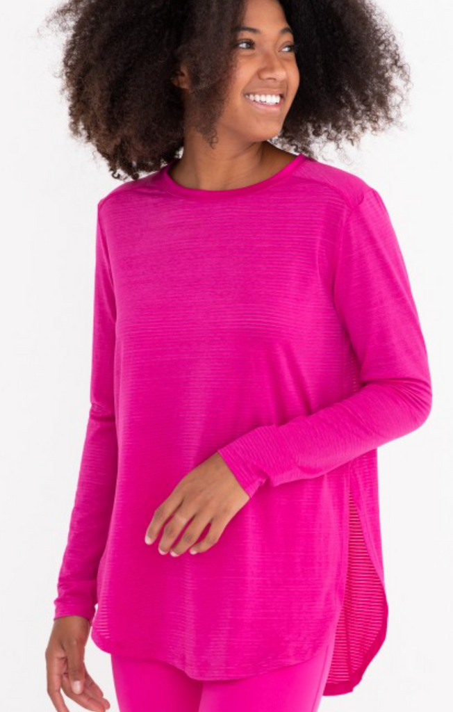 Ribbed Mesh Long Sleeve Flow Top with Side Slits Hot Pink!